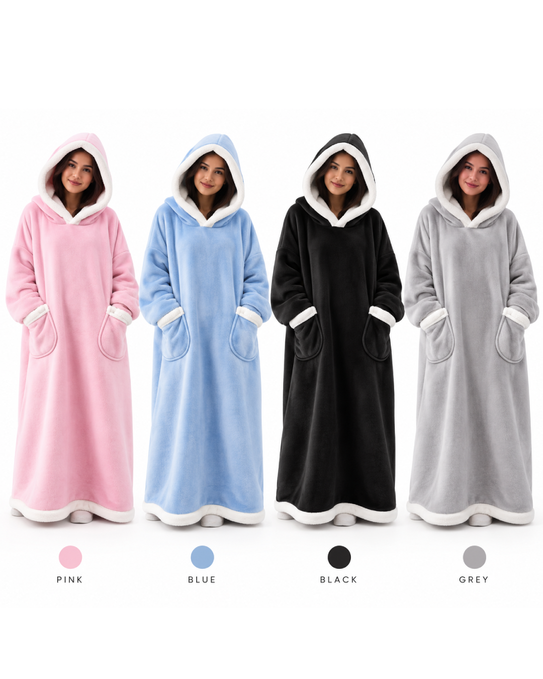 THE BLANKET HOODIE™ shown in Pink, Blue, Black and Grey